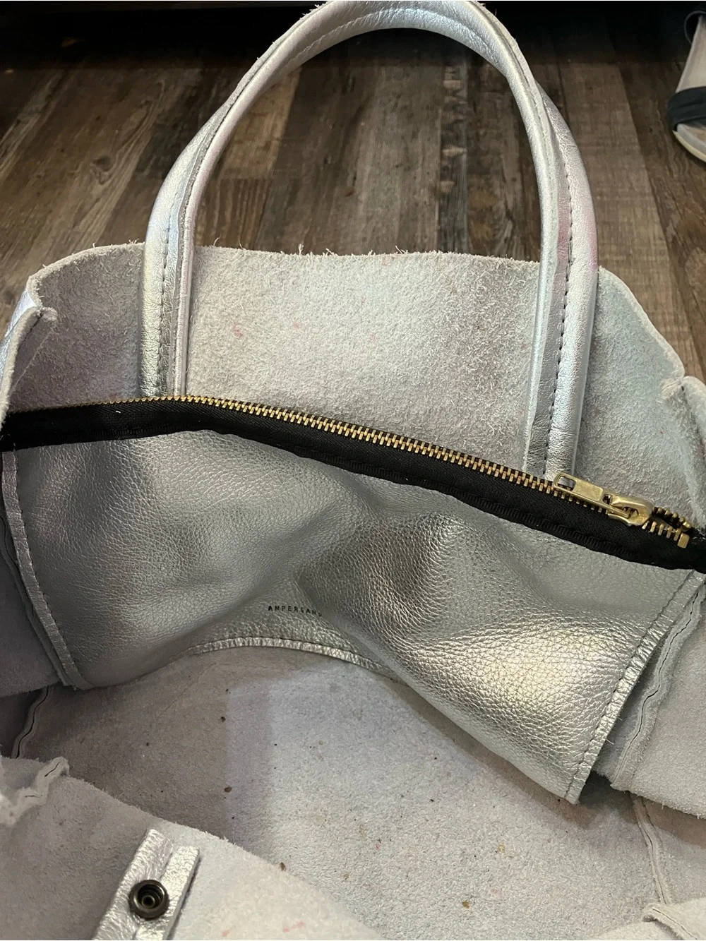 Ampersand As Apostrophe Sideways leather tote bag in a metallic silver finish